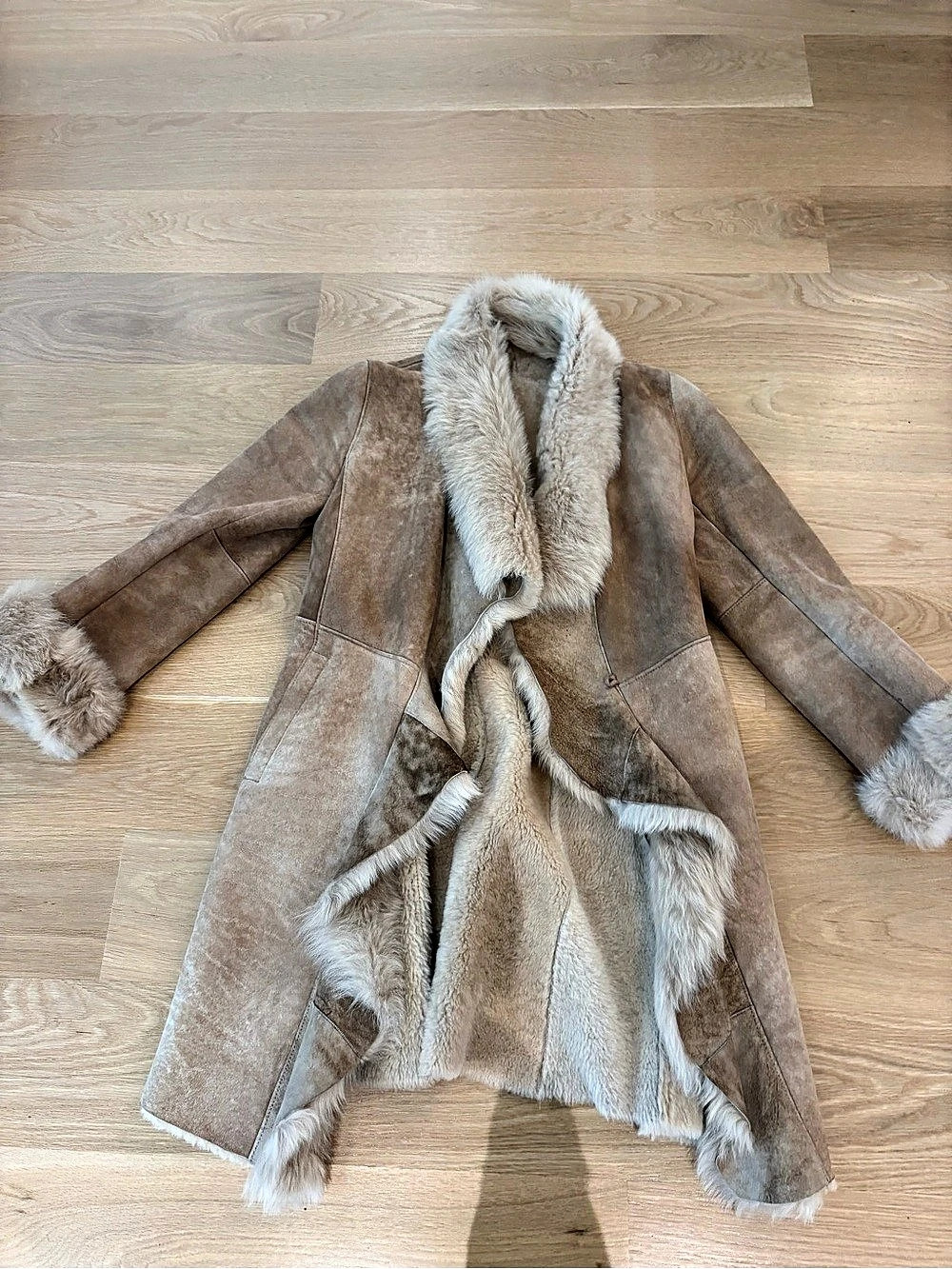 Real Shearling Trim Suede Coat in Brown & Cream XS Sharis palm beach private lab
